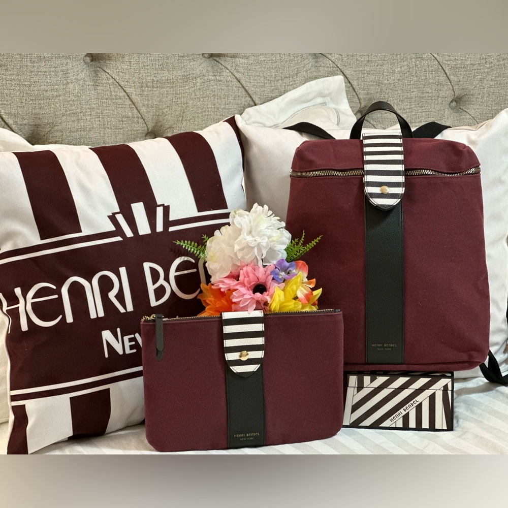 HENRI BENDEL MAROON STRIPES FAUX LEATHER TRIMMED CANVAS FRIDAY BACKPACK POCHETTE